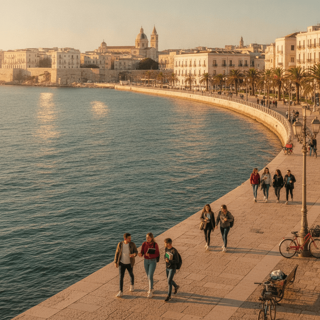 Lungomare di Bari con la Basilica di San Nicola sullo sfondo, atmosfera universitaria Erasmus in Puglia