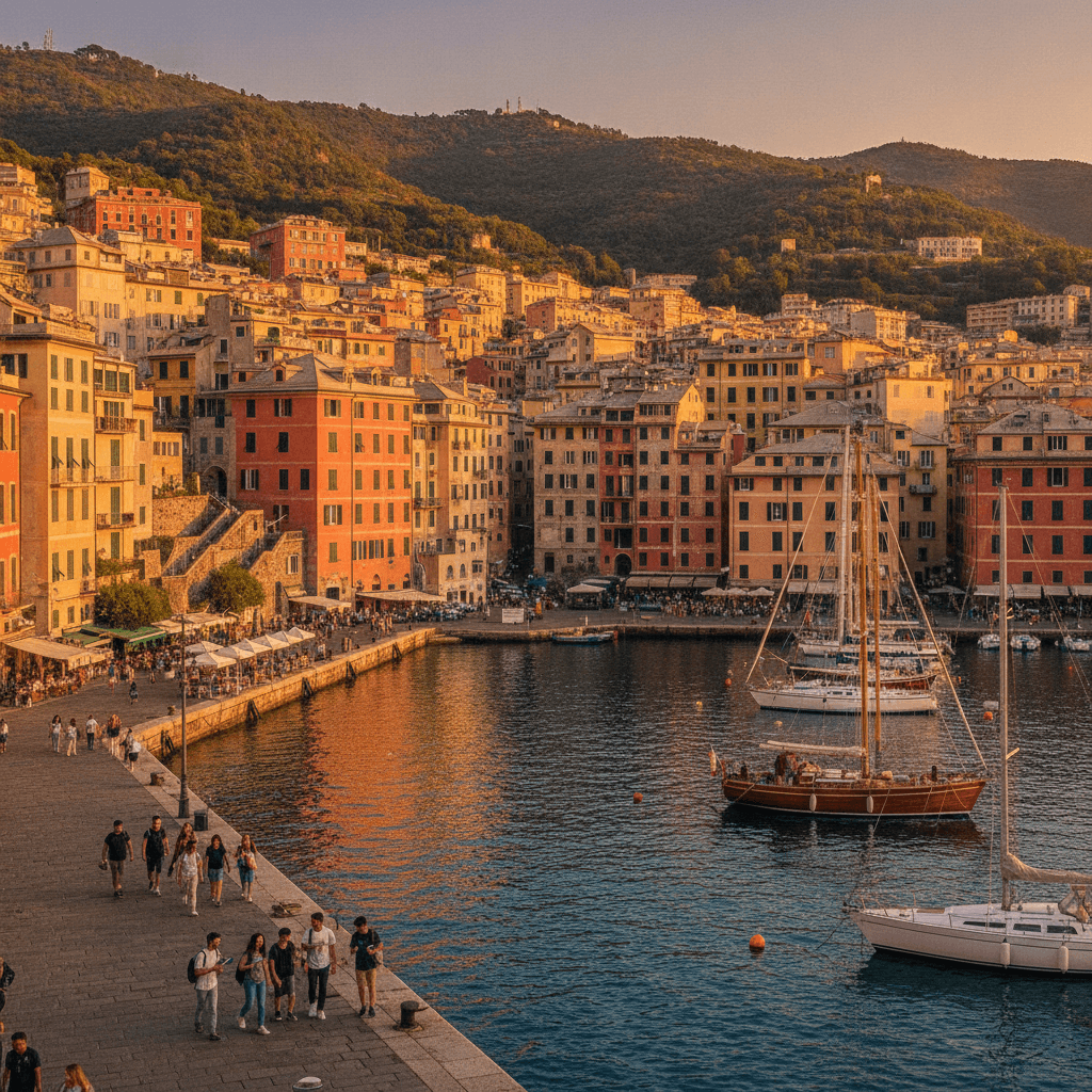 Panorama di Genova al tramonto: caruggi storici, porto antico e atmosfera universitaria Erasmus