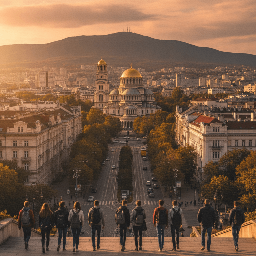 Studenti Erasmus a Sofia con la Cattedrale Alexander Nevsky e il Monte Vitosha sullo sfondo